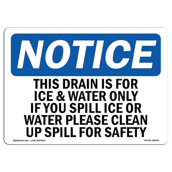 OSHA Notice Sign, 7" Height, Aluminum, This Drain Is For Ice & Water Only If You Sign, Landscape